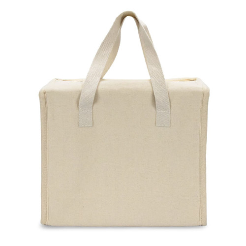 A beige cooler bag with sturdy handles and a simple design, featuring a logo on one side.