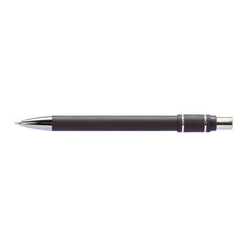 A metal pen in black with silver accents. The pen features a smooth barrel and a polished tip, and includes a logo.