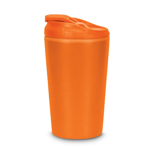 An orange coffee cup with a lid, featuring a smooth surface and a glossy finish. It has a branding logo.