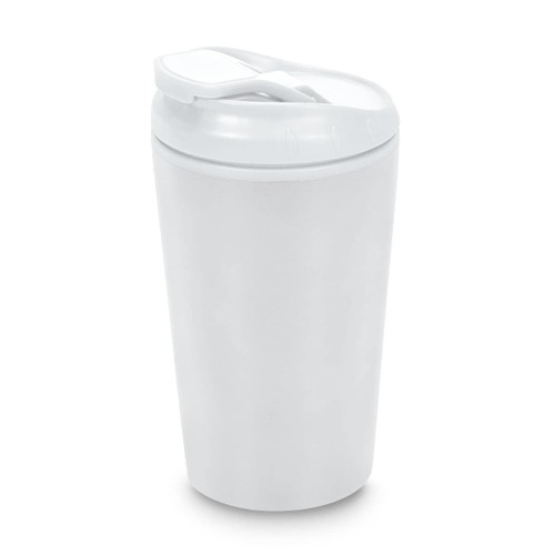 A white reusable coffee cup with a lid, featuring a simple design and a logo.