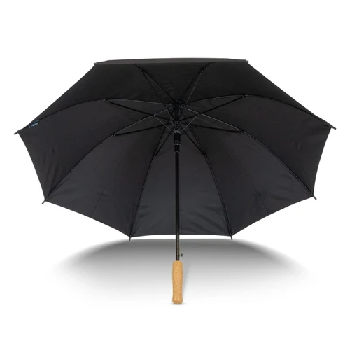 A black umbrella with a wooden handle and a sturdy frame, featuring a logo on the fabric.