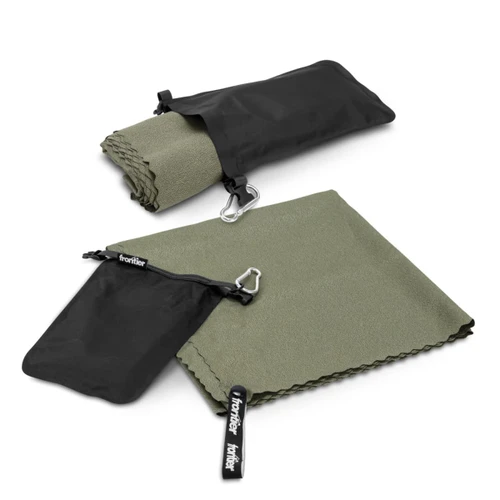 A folded olive green towel with a black carrying pouch and a clip. The towel has a branded logo.
