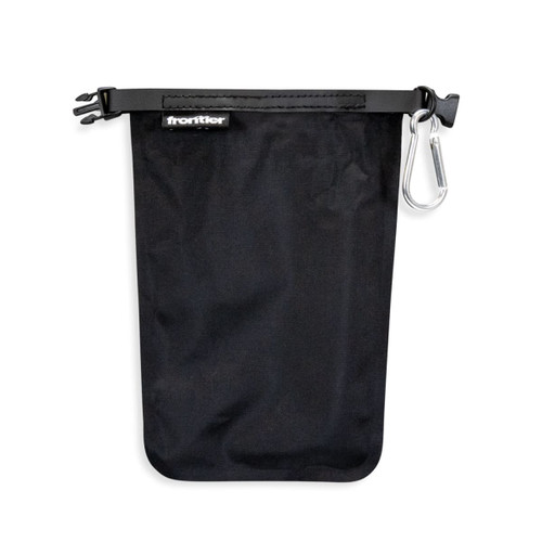 A black waterproof pouch with a clip and a drawstring closure, featuring a logo at the top.