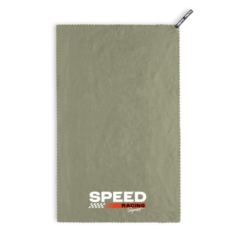 A green cooling towel with a logo, featuring a textured surface and a stitched edge.
