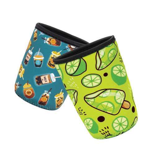 A drink bottle cup sleeve in blue featuring beverage illustrations and a green sleeve with a lime design.
