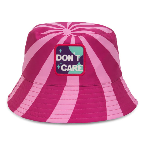 A pink and light pink striped bucket hat featuring a full colour patch and a logo on the front.