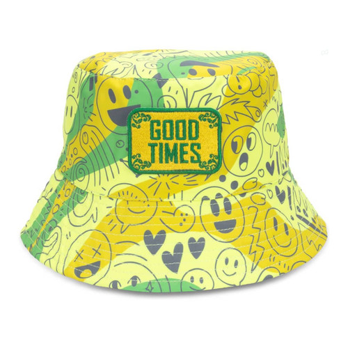 A yellow bucket hat featuring a colourful pattern with smiley faces and an embroidered patch.