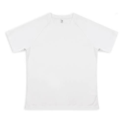 A white women's active T-shirt with short sleeves and a seamless design, featuring a logo.