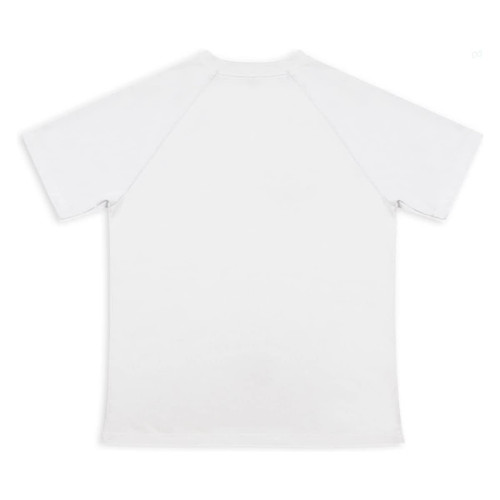 A plain white women's active t-shirt with short sleeves and a rounded neckline, featuring a logo.