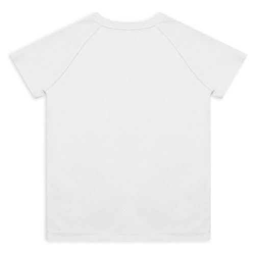 A white youth active t-shirt with short sleeves and a simple design, featuring a logo on the back.