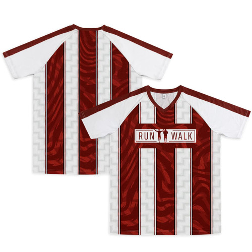 A custom men's active v-neck t-shirt in white and red, featuring a logo and a striped design.