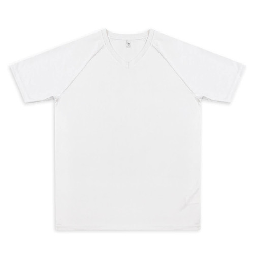 A white men's active V-neck T-shirt with short raglan sleeves and a plain design.