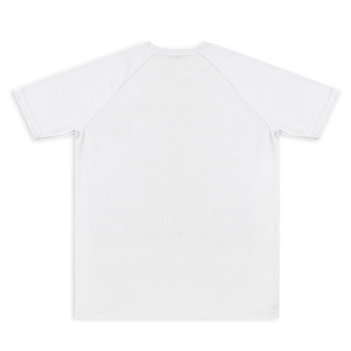 A white custom men's active V-neck T-shirt featuring a plain back design and raglan sleeves.