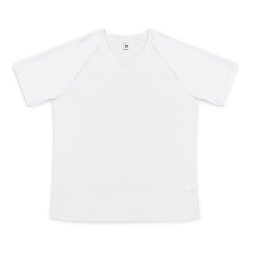 A white women's active V-neck T-shirt with short sleeves, featuring a logo on the label.