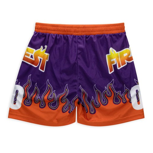 A pair of custom women's active shorts featuring a purple and orange design with flame graphics and decorative text.