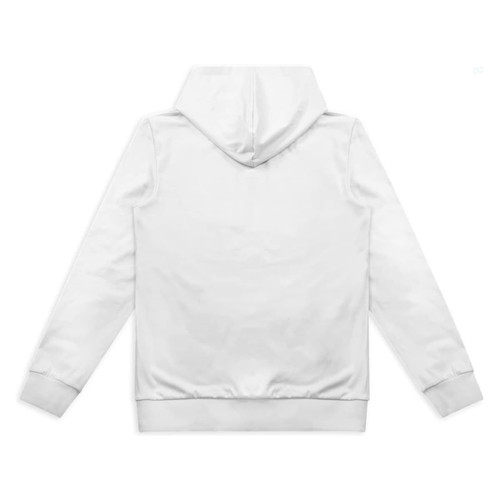 A white men's active hoodie featuring a back view with a hood and a logo on the side.