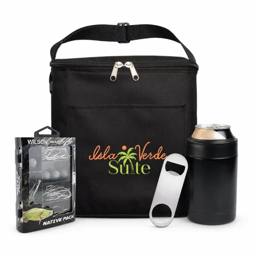 A black cooler bag with a logo, a can, a bottle opener, and a fishing tackle pack.