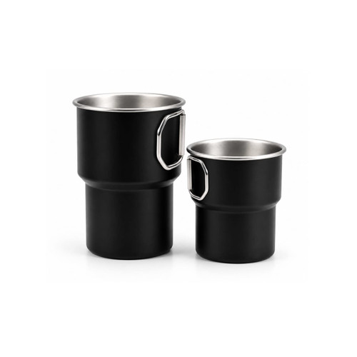 A set of black stainless steel camping mugs with handles, available in two sizes: 280ML and 500ML.