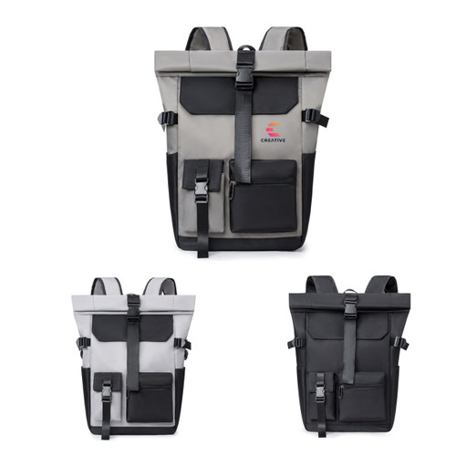 A roll top backpack featuring multiple pockets, available in grey and black with adjustable straps and a logo.
