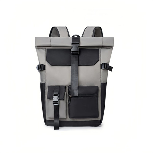 A roll-top backpack in grey and black, featuring multiple pockets and adjustable straps, with a logo on the front.