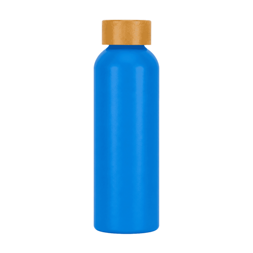 A drink bottle in bright blue with a golden cap, featuring a logo on its surface.