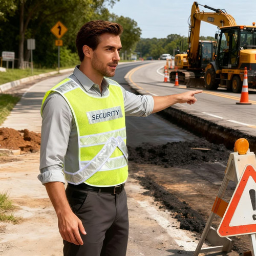 A reflective adjustable safety vest in bright yellow on a person directing traffic near construction equipment and signage.