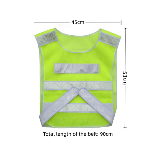 A hi-vis reflective adjustable safety vest in bright yellow with silver reflective strips and adjustable straps.
