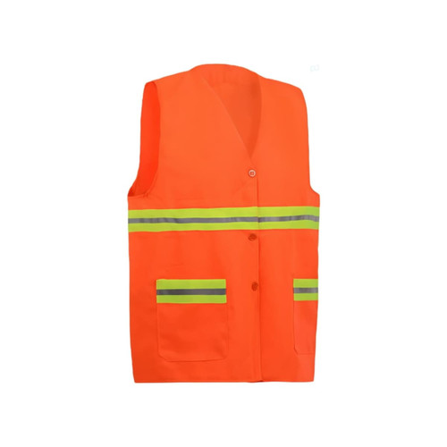 A high-visibility orange button-down safety vest with reflective yellow and grey stripes and front pockets.