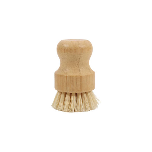 A bamboo kitchen dish brush with a natural wooden handle and bristles for cleaning.