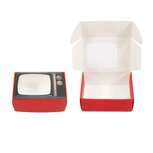 A custom retro TV-style gift box in red with a printed design resembling an old television. It has a removable lid.