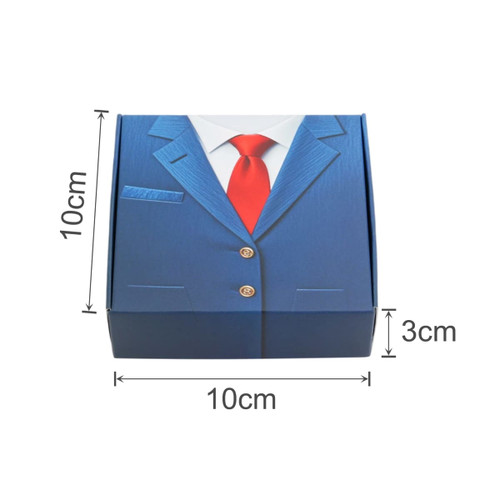 A custom flip-top gift box in blue, featuring a suit design with a red tie and buttons, measuring 10cm x 10cm x 3cm.