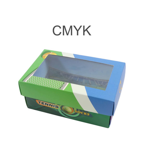 A colourful custom gift box with a windowed removable lid, featuring green and blue colours along with a logo.