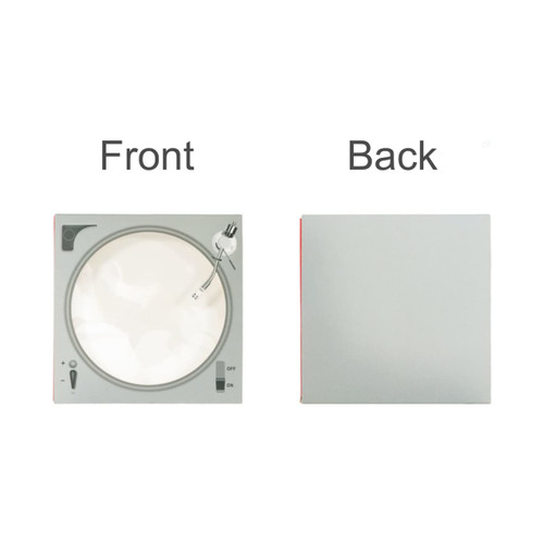 A custom CD-style gift box featuring a grey front with a transparent window and a plain grey back.