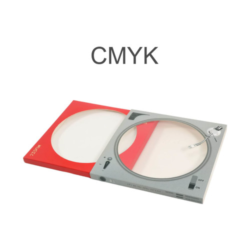 A custom CD-style gift box featuring a grey and red design, resembling a vintage record player.