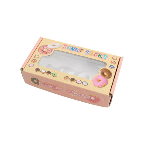 A medium gift box featuring a rectangular window, decorated with colourful donut graphics and branding.