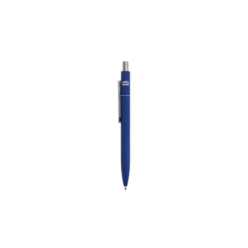 A blue metal ballpoint pen with a silver clip and a logo on the body.