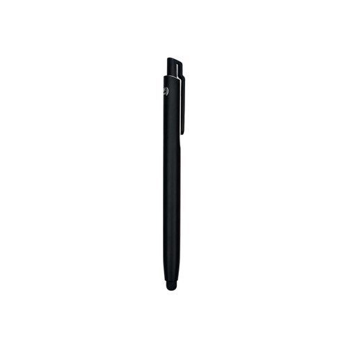 A black NFC touchscreen ballpoint pen with a sleek design and a clip. It features a logo on its body.