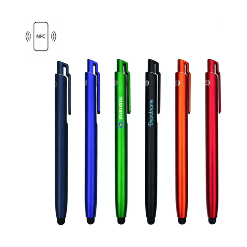 A collection of six stylus ballpoint pens in blue, green, black, red, and orange, with various branding and an NFC feature.