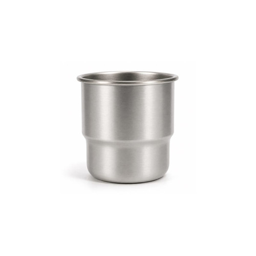 A stainless steel camping mug with a round bottom, featuring a brushed metallic finish and a simple design.