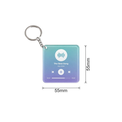 A square acrylic keychain featuring a gradient design in blue and purple, with a logo and playback controls.