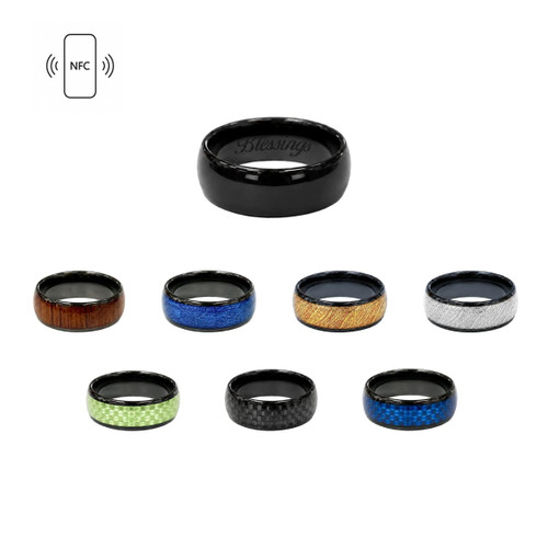 A collection of NFC ceramic rings in various colours including black, green, blue, brown, and silver, with one black ring prominently displayed.