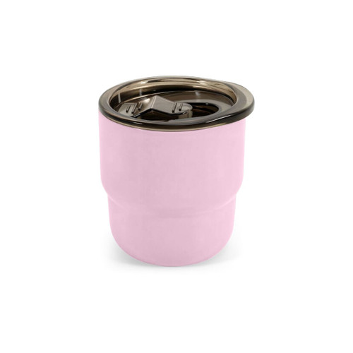 A pink double wall stainless steel camping mug with a dark lid. It features a rounded bottom and a sleek design.