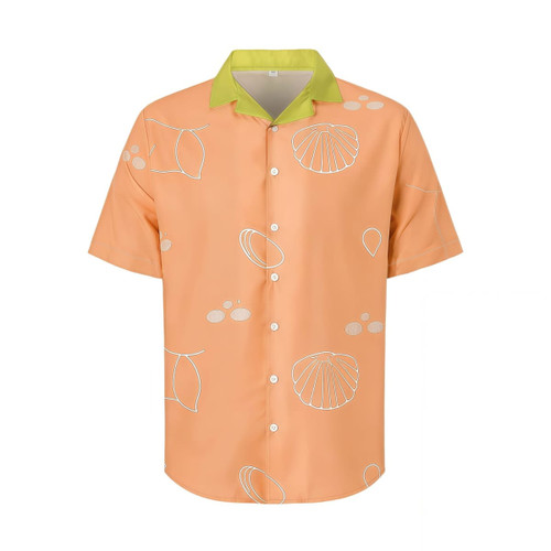 A men's orange polyester spandex Cuban collar shirt with white shell patterns and a green collar. Features a logo.