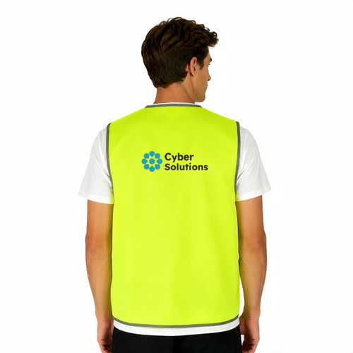 A bright yellow safety vest with reflective trim and a logo on the back, featuring a Velcro placket.