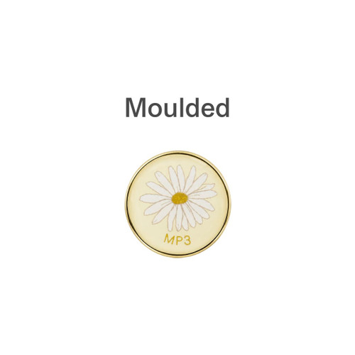 A round pin badge featuring a daisy design, with a gold border and a moulded appearance.