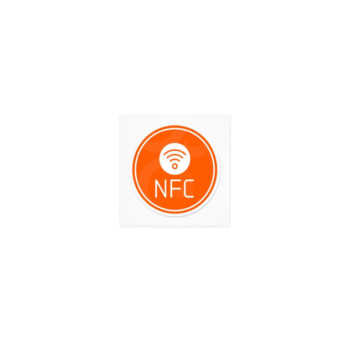 An orange circular sticker featuring an NFC symbol and the letters "NFC" in white.