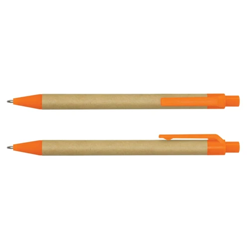 A Kraft pen with an orange plastic tip and clip, featuring a brown paper barrel and a logo.