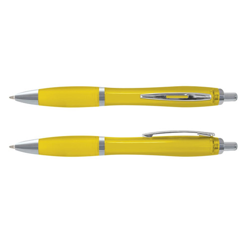 A translucent yellow pen with silver accents, featuring a clip and a smooth barrel design.