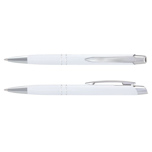 A white metal pen featuring a textured grip and chrome accents, displayed from two angles. It has a logo on the body.