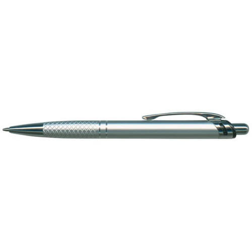 A metallic silver pen with a textured grip and a clip for easy attachment. It features a branded logo.